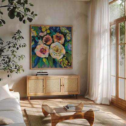 Peony Garden by Jeanette Vertentes. Shown in a natural wood frame in a cozy modern living room. Available as an archival giclee rolled canvas, fine art paper, or poster print. SKU 53170a.