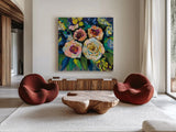 Peony Garden by Jeanette Vertentes. Shown as extra-large giant wall art in a modern living room. Available as an archival giclee rolled canvas, fine art paper, or poster print. SKU 53170a.