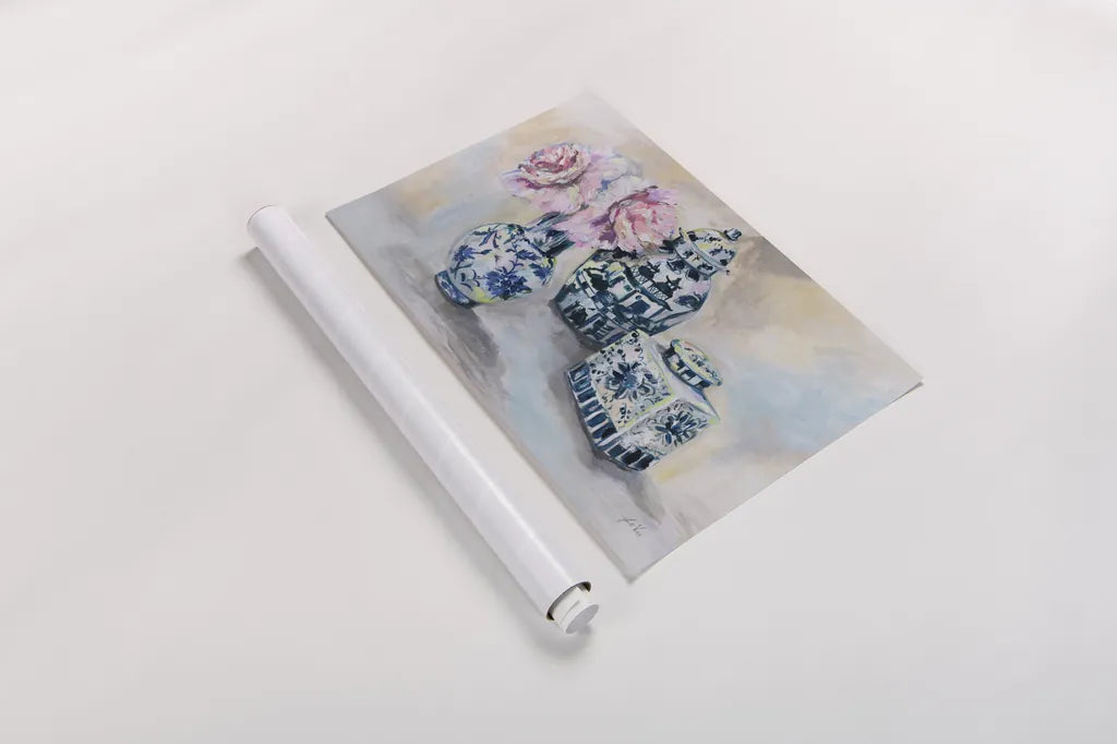 Peony Play by Jeanette Vertentes. shown as a rolled paper print. Available as archival giclee rolled canvas, fine art paper, or poster print. SKU 93140i.