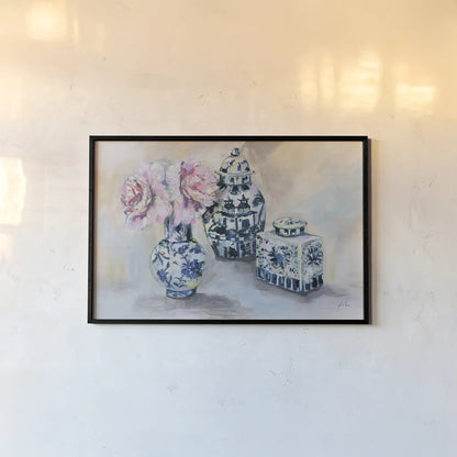 Peony Play by Jeanette Vertentes. shown as a paper print in a black flame. Available as a archival giclee rolled canvas, fine art paper, or poster print. SKU 93140i.