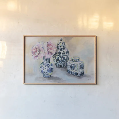 Peony Play by Jeanette Vertentes. shown as a paper print in a natural frame. Available as a archival giclee rolled canvas, fine art paper, or poster print. SKU 93140i.