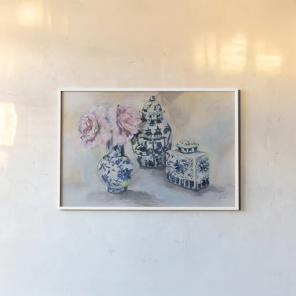 Peony Play by Jeanette Vertentes. shown as a paper print in a white frame. Available as a archival giclee rolled canvas, fine art paper, or poster print. SKU 93140i.