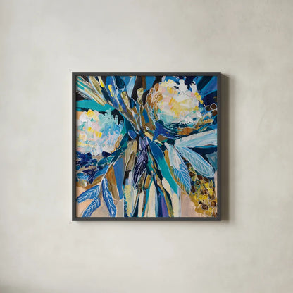 Periwinkle by Jeanette Vertentes. Shown in a sleek black glass frame for a contemporary gallery look. Available as an archival giclee rolled canvas, fine art paper, or poster print. SKU 83799a.