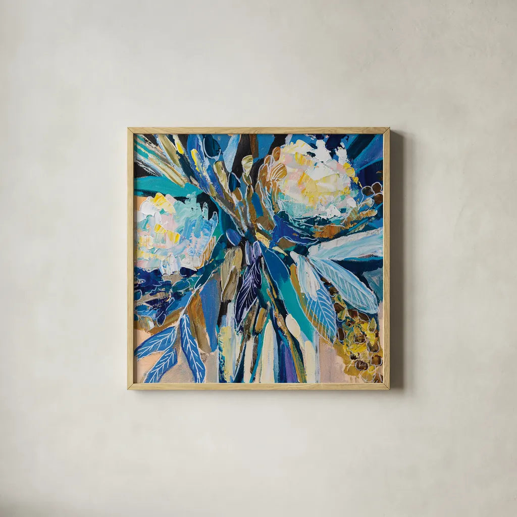 Periwinkle by Jeanette Vertentes. Shown in a natural wood glass frame for a timeless modern aesthetic. Available as an archival giclee rolled canvas, fine art paper, or poster print. SKU 83799a.