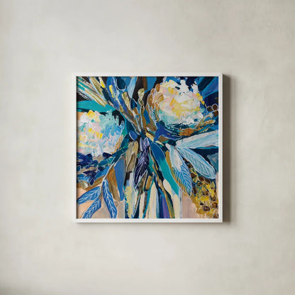 Periwinkle by Jeanette Vertentes. Shown in a crisp white glass frame for a clean and minimalist style. Available as an archival giclee rolled canvas, fine art paper, or poster print. SKU 83799a.