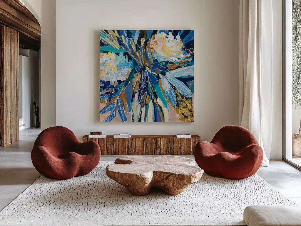 Periwinkle by Jeanette Vertentes. Shown as extra-large giant wall art in a modern living room. Available as an archival giclee rolled canvas, fine art paper, or poster print. SKU 83799a.