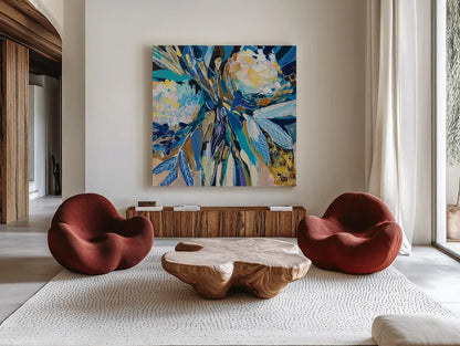 Periwinkle by Jeanette Vertentes. Shown as extra-large giant wall art in a modern living room. Available as an archival giclee rolled canvas, fine art paper, or poster print. SKU 83799a.