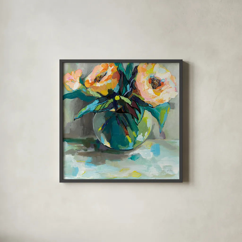 Pink Ladies by Jeanette Vertentes. Shown in a sleek black glass frame for a contemporary gallery look. Available as an archival giclee rolled canvas, fine art paper, or poster print. SKU 53181a.