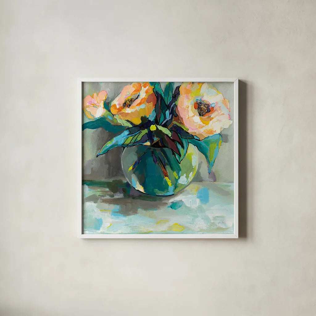 Pink Ladies by Jeanette Vertentes. Shown in a crisp white glass frame for a clean and minimalist style. Available as an archival giclee rolled canvas, fine art paper, or poster print. SKU 53181a.