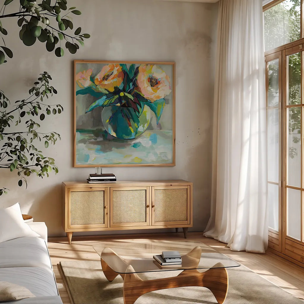 Pink Ladies by Jeanette Vertentes. Shown in a natural wood frame in a cozy modern living room. Available as an archival giclee rolled canvas, fine art paper, or poster print. SKU 53181a.