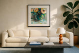Pink Ladies by Jeanette Vertentes. Displayed in a glass frame with matte in a clean modern living room. Available as an archival giclee rolled canvas, fine art paper, or poster print. SKU 53181a.