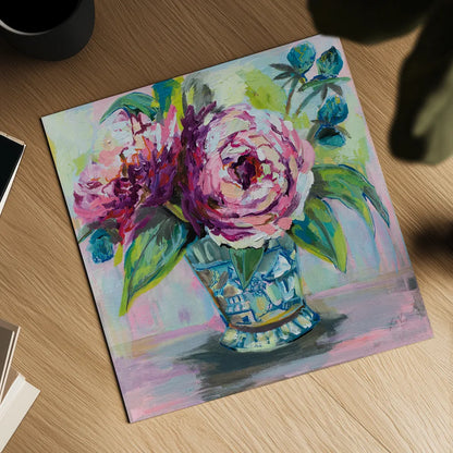 Pink Peonies I by Jeanette Vertentes. Shown as a detailed flat fine art print, highlighting archival giclee quality. Available as an archival giclee rolled canvas, fine art paper, or poster print. SKU 60524a.