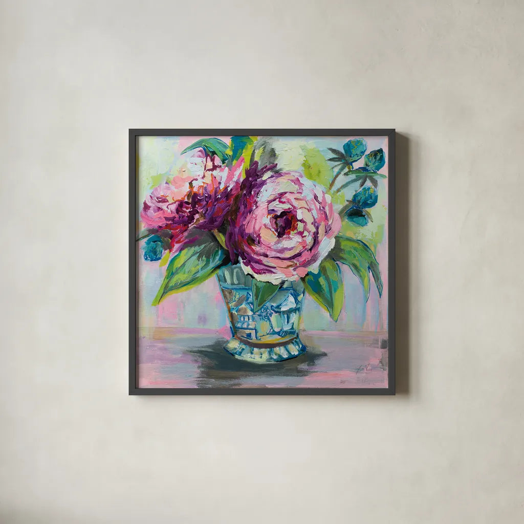 Pink Peonies I by Jeanette Vertentes. Shown in a sleek black glass frame for a contemporary gallery look. Available as an archival giclee rolled canvas, fine art paper, or poster print. SKU 60524a.