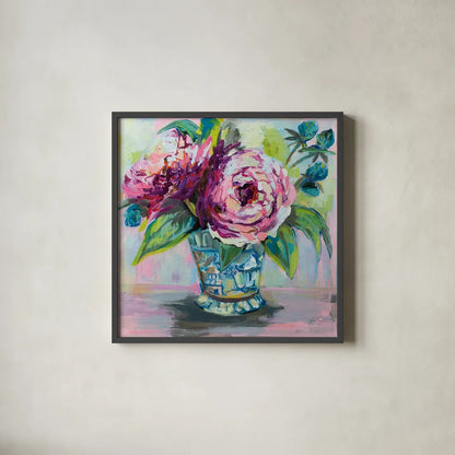 Pink Peonies I by Jeanette Vertentes. Shown in a sleek black glass frame for a contemporary gallery look. Available as an archival giclee rolled canvas, fine art paper, or poster print. SKU 60524a.