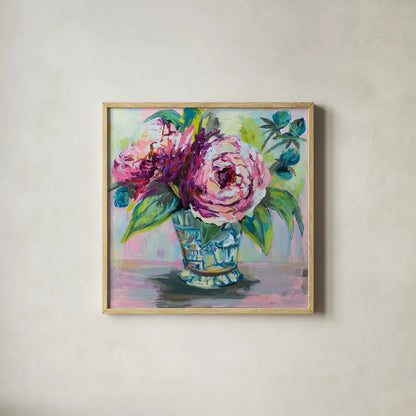 Pink Peonies I by Jeanette Vertentes. Shown in a natural wood glass frame for a timeless modern aesthetic. Available as an archival giclee rolled canvas, fine art paper, or poster print. SKU 60524a.