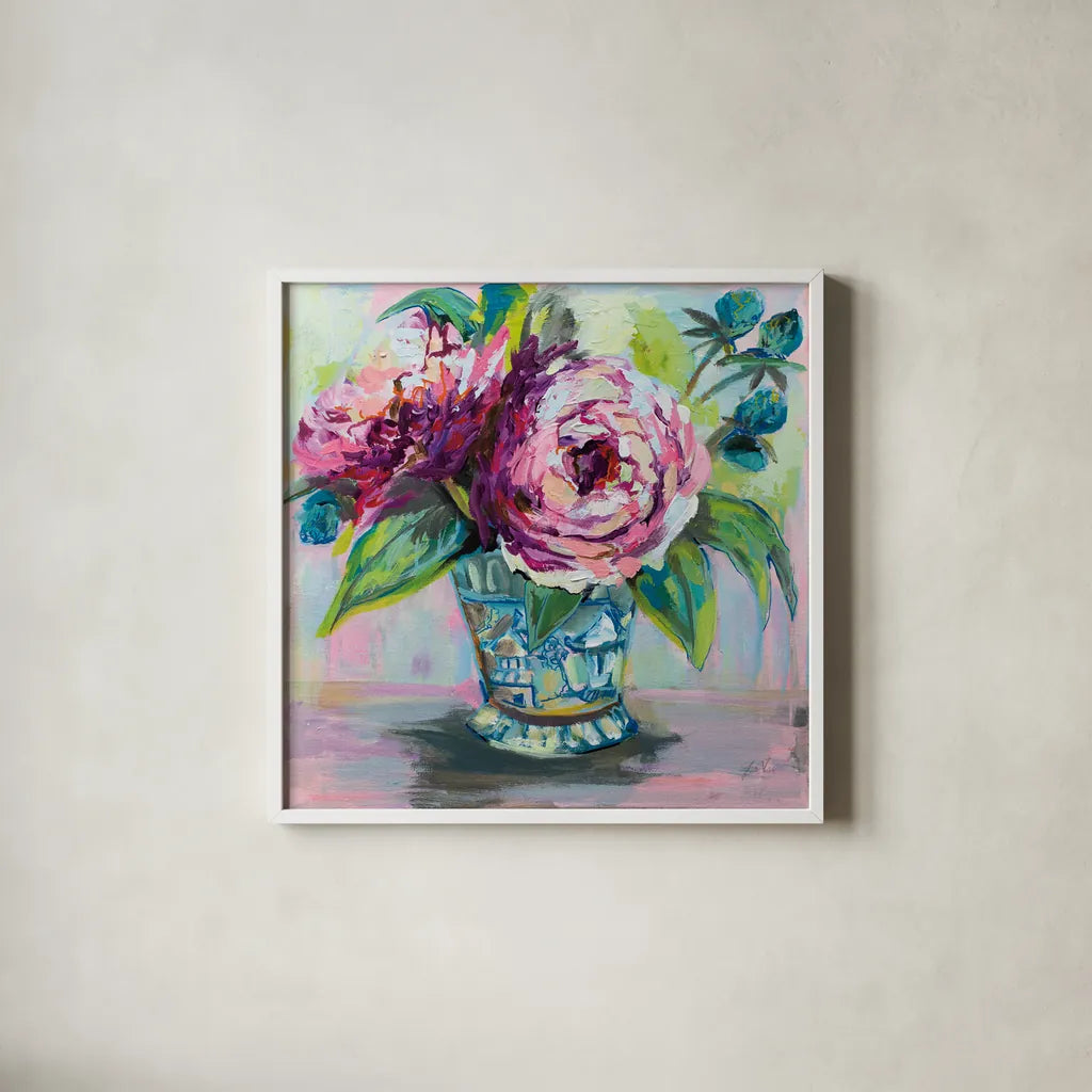 Pink Peonies I by Jeanette Vertentes. Shown in a crisp white glass frame for a clean and minimalist style. Available as an archival giclee rolled canvas, fine art paper, or poster print. SKU 60524a.