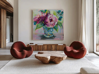 Pink Peonies I by Jeanette Vertentes. Shown as extra-large giant wall art in a modern living room. Available as an archival giclee rolled canvas, fine art paper, or poster print. SKU 60524a.