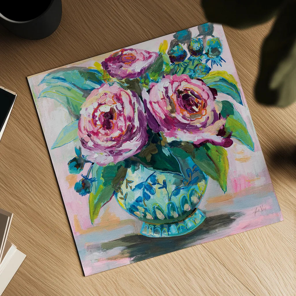 Pink Peonies II by Jeanette Vertentes. Shown as a detailed flat fine art print, highlighting archival giclee quality. Available as an archival giclee rolled canvas, fine art paper, or poster print. SKU 60525a.