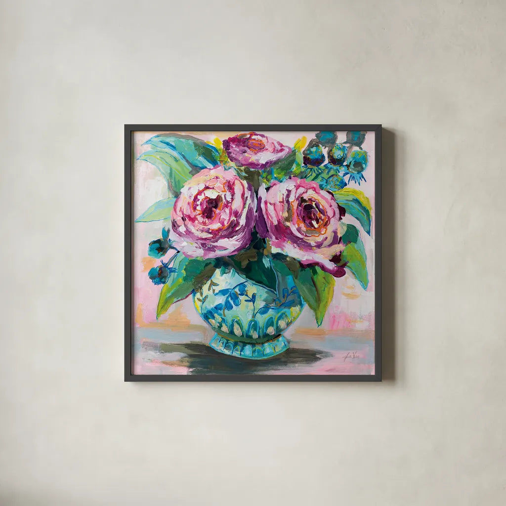 Pink Peonies II by Jeanette Vertentes. Shown in a sleek black glass frame for a contemporary gallery look. Available as an archival giclee rolled canvas, fine art paper, or poster print. SKU 60525a.