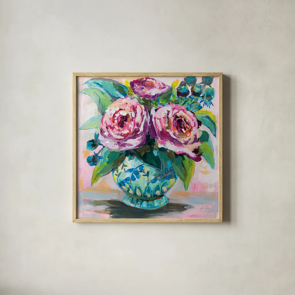 Pink Peonies II by Jeanette Vertentes. Shown in a natural wood glass frame for a timeless modern aesthetic. Available as an archival giclee rolled canvas, fine art paper, or poster print. SKU 60525a.