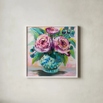 Pink Peonies II by Jeanette Vertentes. Shown in a crisp white glass frame for a clean and minimalist style. Available as an archival giclee rolled canvas, fine art paper, or poster print. SKU 60525a.