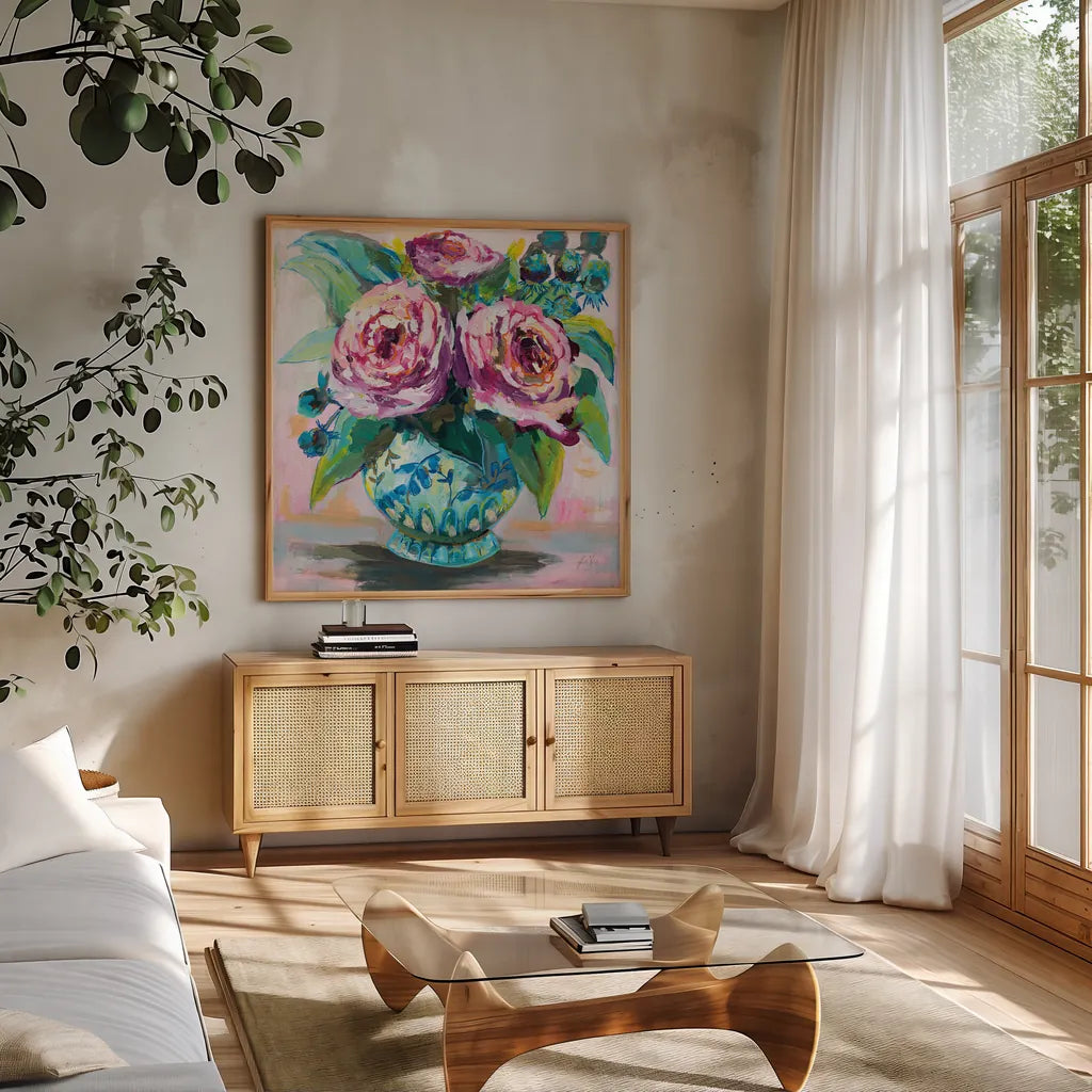 Pink Peonies II by Jeanette Vertentes. Shown in a natural wood frame in a cozy modern living room. Available as an archival giclee rolled canvas, fine art paper, or poster print. SKU 60525a.