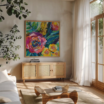 Pop by Jeanette Vertentes. Shown in a natural wood frame in a cozy modern living room. Available as an archival giclee rolled canvas, fine art paper, or poster print. SKU 53169a.