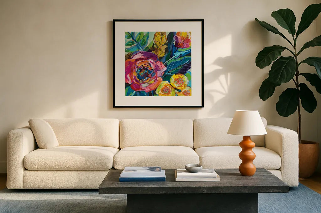 Pop by Jeanette Vertentes. Displayed in a glass frame with matte in a clean modern living room. Available as an archival giclee rolled canvas, fine art paper, or poster print. SKU 53169a.