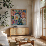 Positively by Jeanette Vertentes. Shown in a natural wood frame in a cozy modern living room. Available as an archival giclee rolled canvas, fine art paper, or poster print. SKU 100164a.