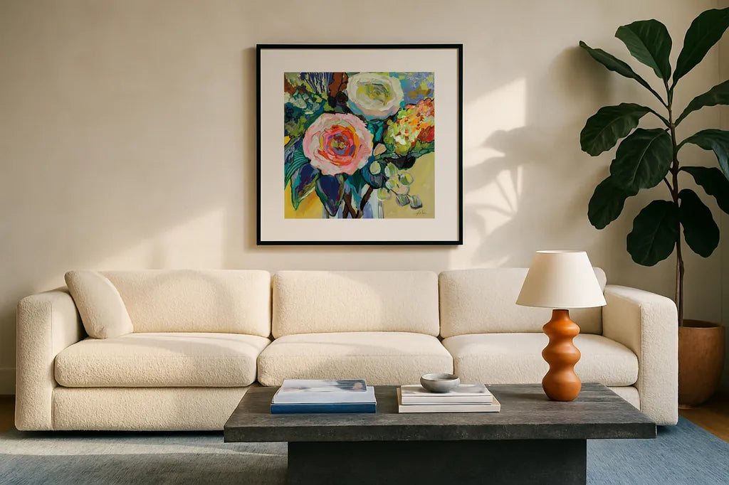 Pragmatic by Jeanette Vertentes. Displayed in a glass frame with matte in a clean modern living room. Available as an archival giclee rolled canvas, fine art paper, or poster print. SKU 87092a.