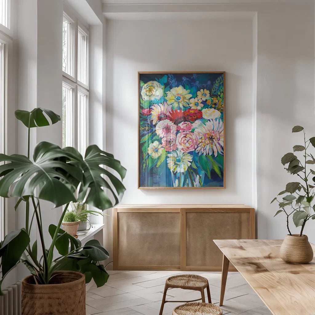 Prosperity by Jeanette Vertentes. shown as a print in a natural wood frame in a dining room. Available as a archival giclee rolled canvas, fine art paper, or poster print. SKU 67250h.