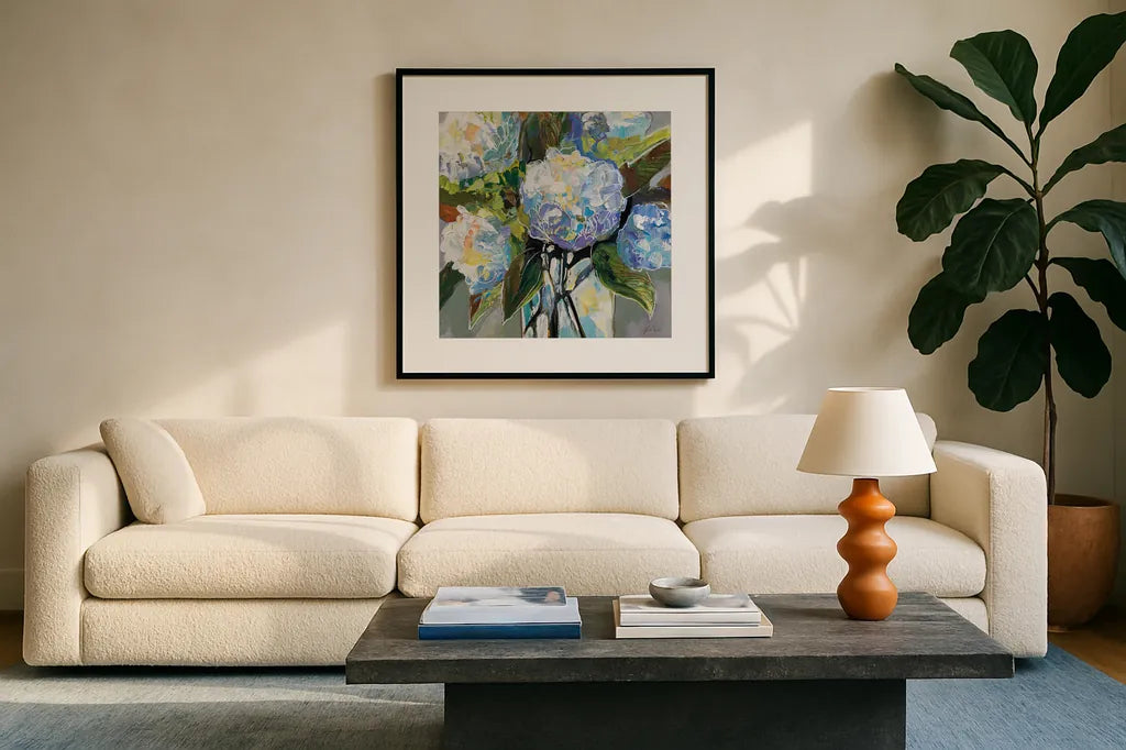 Puffs by Jeanette Vertentes. Displayed in a glass frame with matte in a clean modern living room. Available as an archival giclee rolled canvas, fine art paper, or poster print. SKU 83801a.