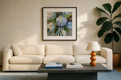 Puffs by Jeanette Vertentes. Displayed in a glass frame with matte in a clean modern living room. Available as an archival giclee rolled canvas, fine art paper, or poster print. SKU 83801a.