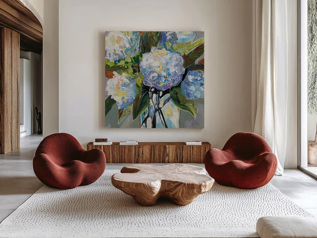 Puffs by Jeanette Vertentes. Shown as extra-large giant wall art in a modern living room. Available as an archival giclee rolled canvas, fine art paper, or poster print. SKU 83801a.