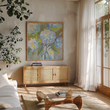 Puffs Light by Jeanette Vertentes. Shown in a natural wood frame in a cozy modern living room. Available as an archival giclee rolled canvas, fine art paper, or poster print. SKU 85438a.