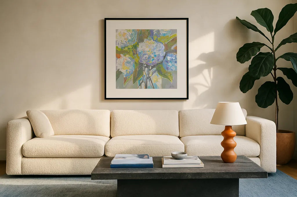 Puffs Light by Jeanette Vertentes. Displayed in a glass frame with matte in a clean modern living room. Available as an archival giclee rolled canvas, fine art paper, or poster print. SKU 85438a.