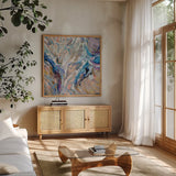 Pull by Jeanette Vertentes. Shown in a natural wood frame in a cozy modern living room. Available as an archival giclee rolled canvas, fine art paper, or poster print. SKU 89811a.