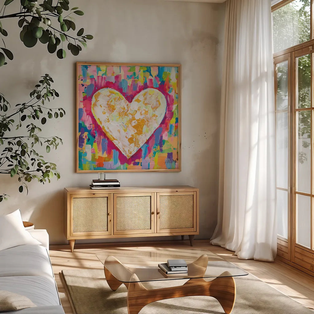 Pure Love by Jeanette Vertentes. Shown in a natural wood frame in a cozy modern living room. Available as an archival giclee rolled canvas, fine art paper, or poster print. SKU 78274a.