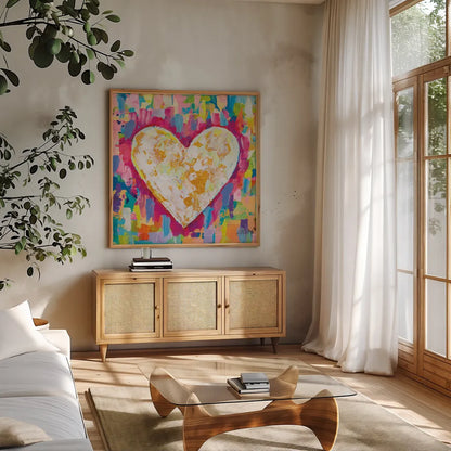 Pure Love by Jeanette Vertentes. Shown in a natural wood frame in a cozy modern living room. Available as an archival giclee rolled canvas, fine art paper, or poster print. SKU 78274a.