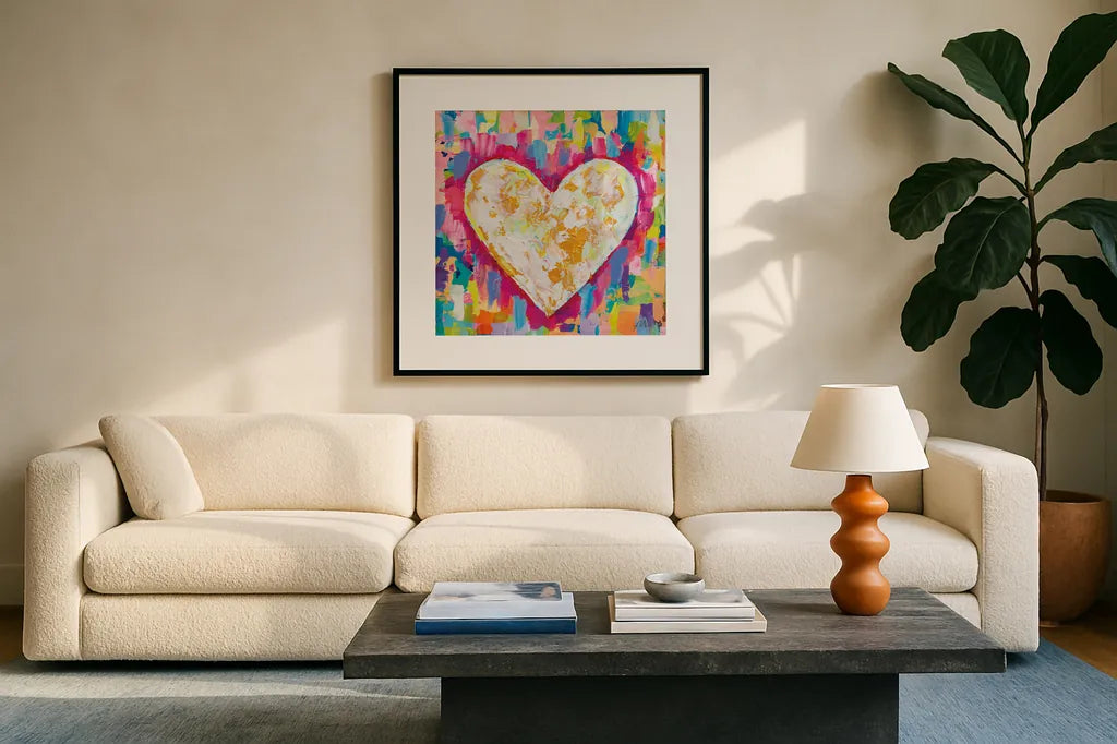 Pure Love by Jeanette Vertentes. Displayed in a glass frame with matte in a clean modern living room. Available as an archival giclee rolled canvas, fine art paper, or poster print. SKU 78274a.
