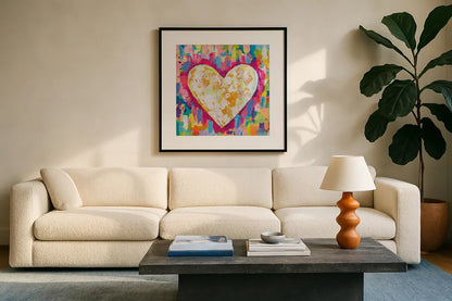 Pure Love by Jeanette Vertentes. Displayed in a glass frame with matte in a clean modern living room. Available as an archival giclee rolled canvas, fine art paper, or poster print. SKU 78274a.