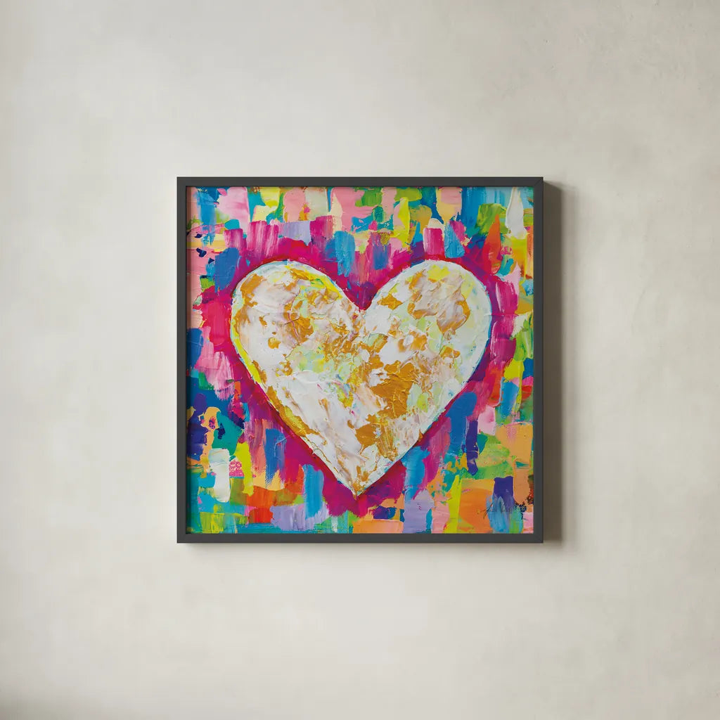 Pure Love Bright by Jeanette Vertentes. Shown in a sleek black glass frame for a contemporary gallery look. Available as an archival giclee rolled canvas, fine art paper, or poster print. SKU 85470a.