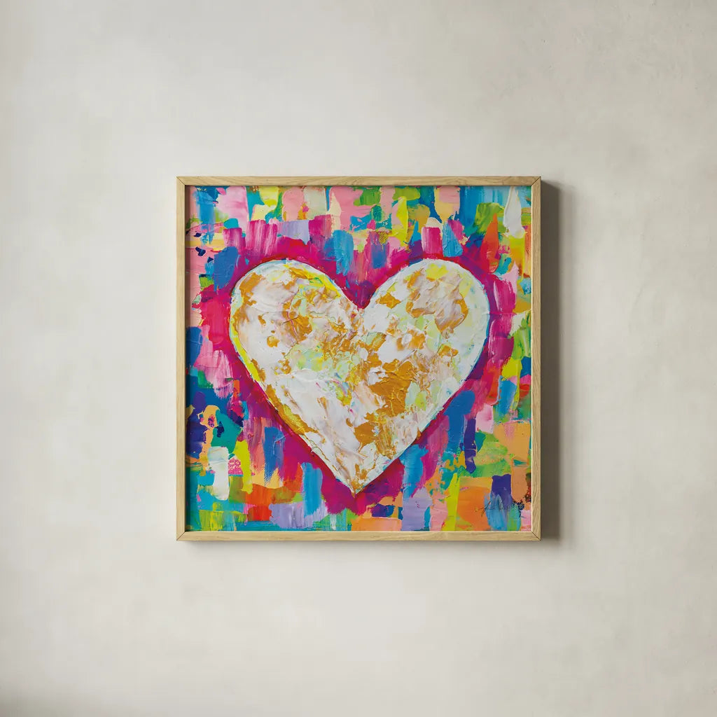 Pure Love Bright by Jeanette Vertentes. Shown in a natural wood glass frame for a timeless modern aesthetic. Available as an archival giclee rolled canvas, fine art paper, or poster print. SKU 85470a.