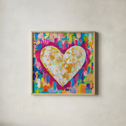 Pure Love Bright by Jeanette Vertentes. Shown in a natural wood glass frame for a timeless modern aesthetic. Available as an archival giclee rolled canvas, fine art paper, or poster print. SKU 85470a.