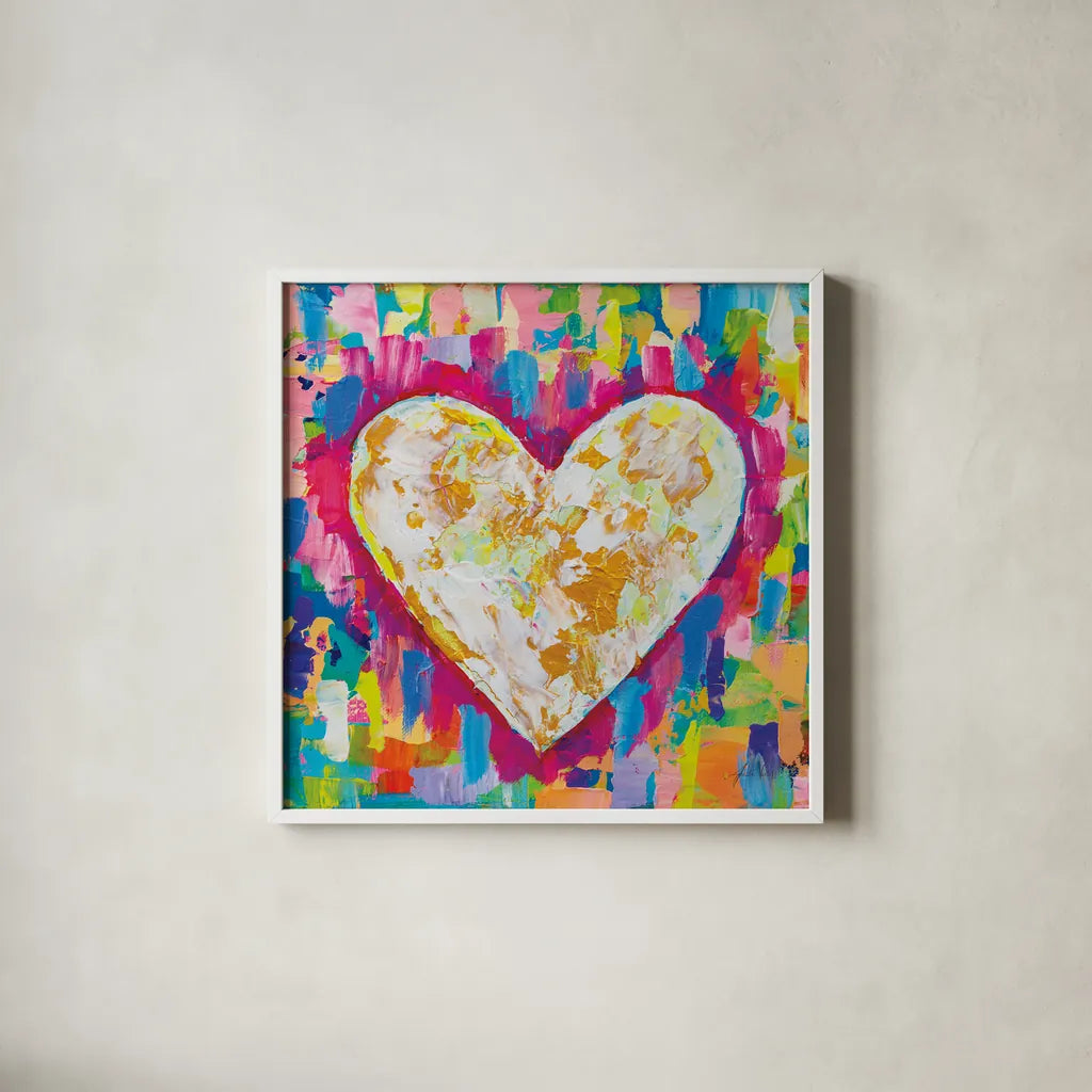 Pure Love Bright by Jeanette Vertentes. Shown in a crisp white glass frame for a clean and minimalist style. Available as an archival giclee rolled canvas, fine art paper, or poster print. SKU 85470a.
