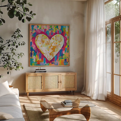 Pure Love Bright by Jeanette Vertentes. Shown in a natural wood frame in a cozy modern living room. Available as an archival giclee rolled canvas, fine art paper, or poster print. SKU 85470a.