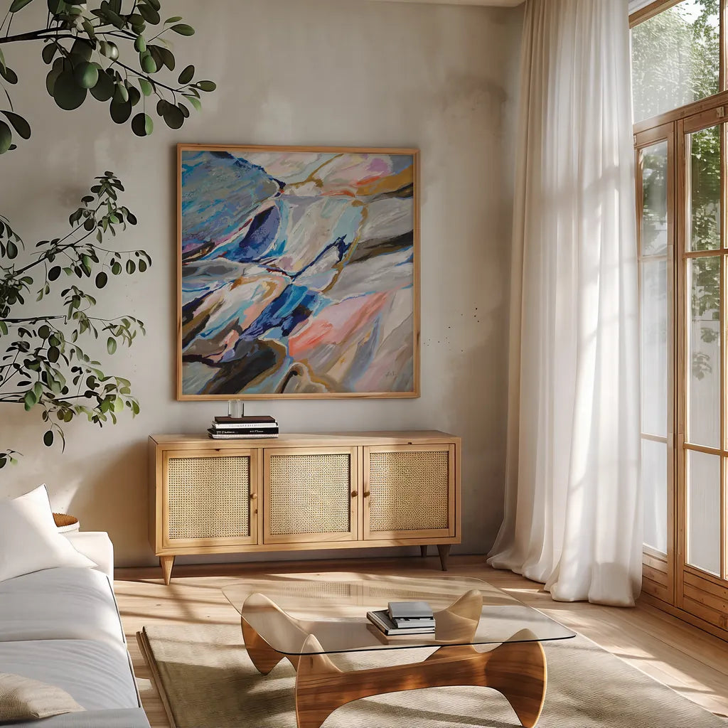 Push by Jeanette Vertentes. Shown in a natural wood frame in a cozy modern living room. Available as an archival giclee rolled canvas, fine art paper, or poster print. SKU 89812a.