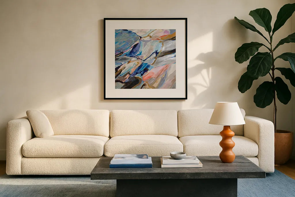 Push by Jeanette Vertentes. Displayed in a glass frame with matte in a clean modern living room. Available as an archival giclee rolled canvas, fine art paper, or poster print. SKU 89812a.