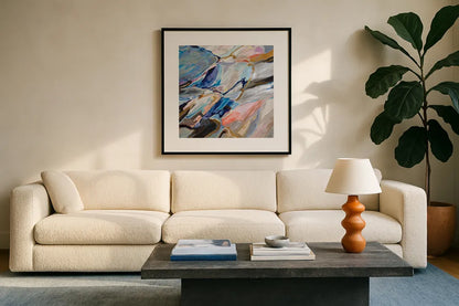 Push by Jeanette Vertentes. Displayed in a glass frame with matte in a clean modern living room. Available as an archival giclee rolled canvas, fine art paper, or poster print. SKU 89812a.