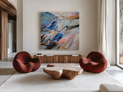Push by Jeanette Vertentes. Shown as extra-large giant wall art in a modern living room. Available as an archival giclee rolled canvas, fine art paper, or poster print. SKU 89812a.